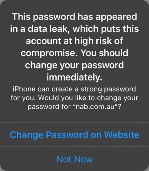 Image showing the notification on apple devices stating your password has appeared in a data leak