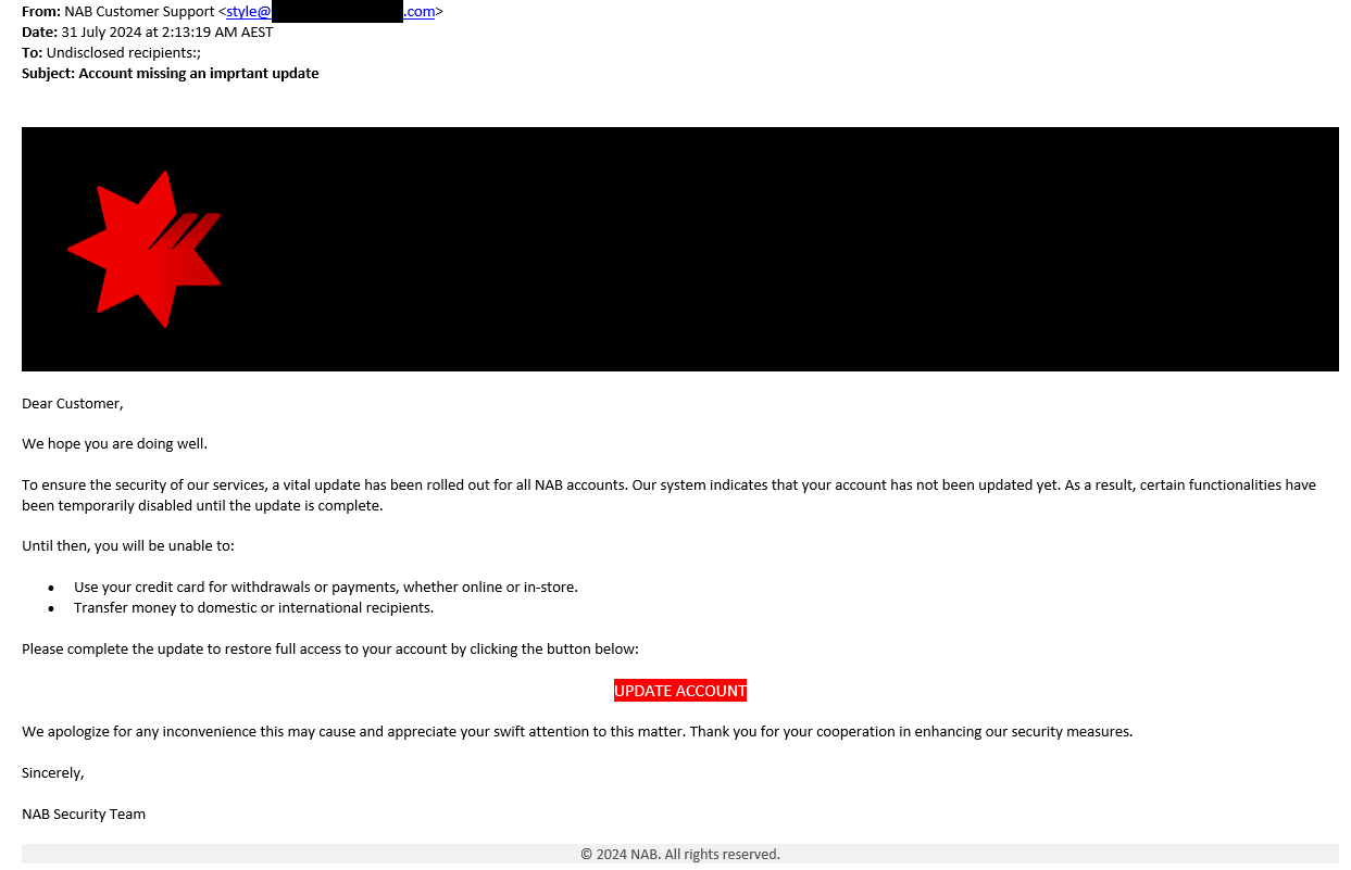 image of NAB branded phishing email requesting personal information